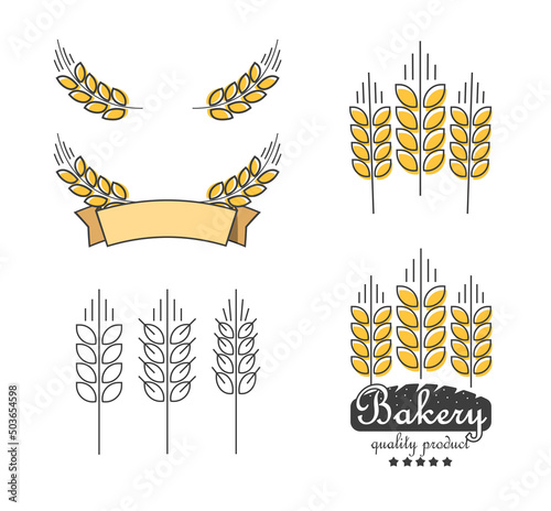 Bakery cereal ribbon logo vector set or ear wheat bread bakeshop element template design isolated on white line outline art illustration, grain harvest farm, barley wreath blank empty icon image