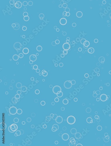 Vertical illustration with copyspace, water bubbles on azure blue background with space for text