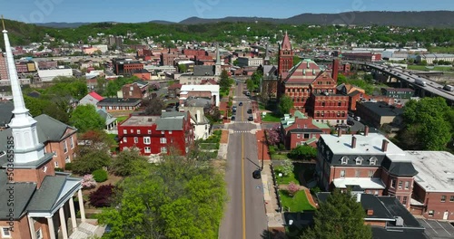 Cumberland Maryland in Allegany County, Western MD. Aerial of church, courthouse and historic district. photo