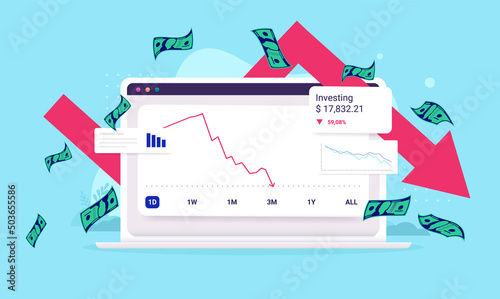 Stock market investment crash - Computer screen showing portfolio going down with red arrow. Financial loss and recession concept, vector illustration