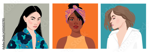Set of portraits of women of different gender and age. Diversity. Vector flat illustration. Avatar for a social network. Vector flat illustration