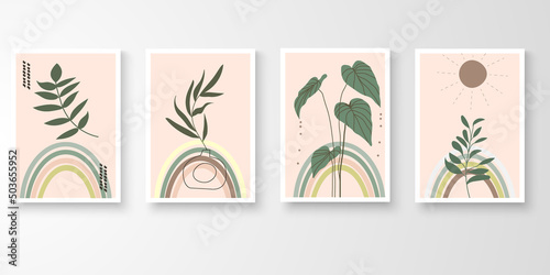 Set of botanical wall art. Minimal abstract art organic plants rainbow pot dot line shape composition. Vector illustration.