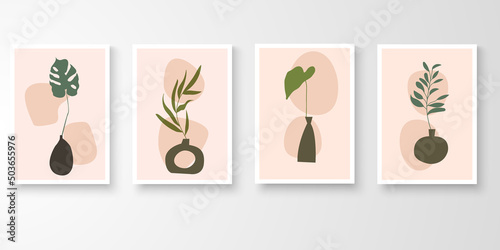 Set of botanical wall art. Minimal abstract art organic plants and pot shape composition. Vector illustration.