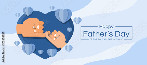 happy father's day father and kid hand to pinky swear in blue heart and heart paper around vector design