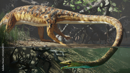 Tanystropheus, extinct reptile drinking at a waterhole