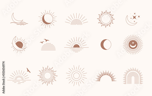 Bohemian linear logos, icons and symbols, sun, arc, moon, wave design templates, geometric abstract design elements for decoration.