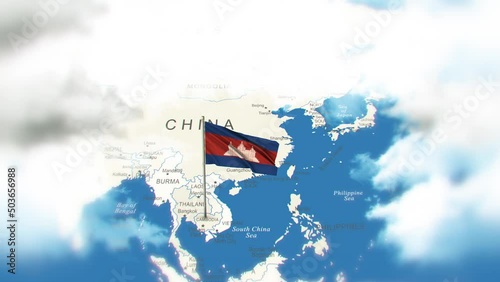Cambodia Map And Flag With Clouds