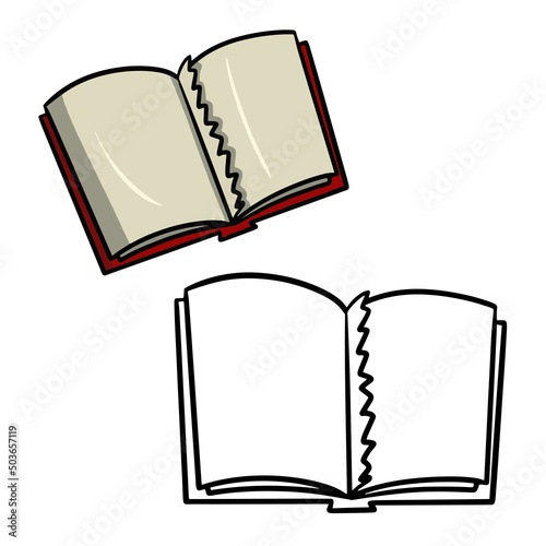 Color set with sketch image, coloring book. An old open book with a torn page, cartoon vector