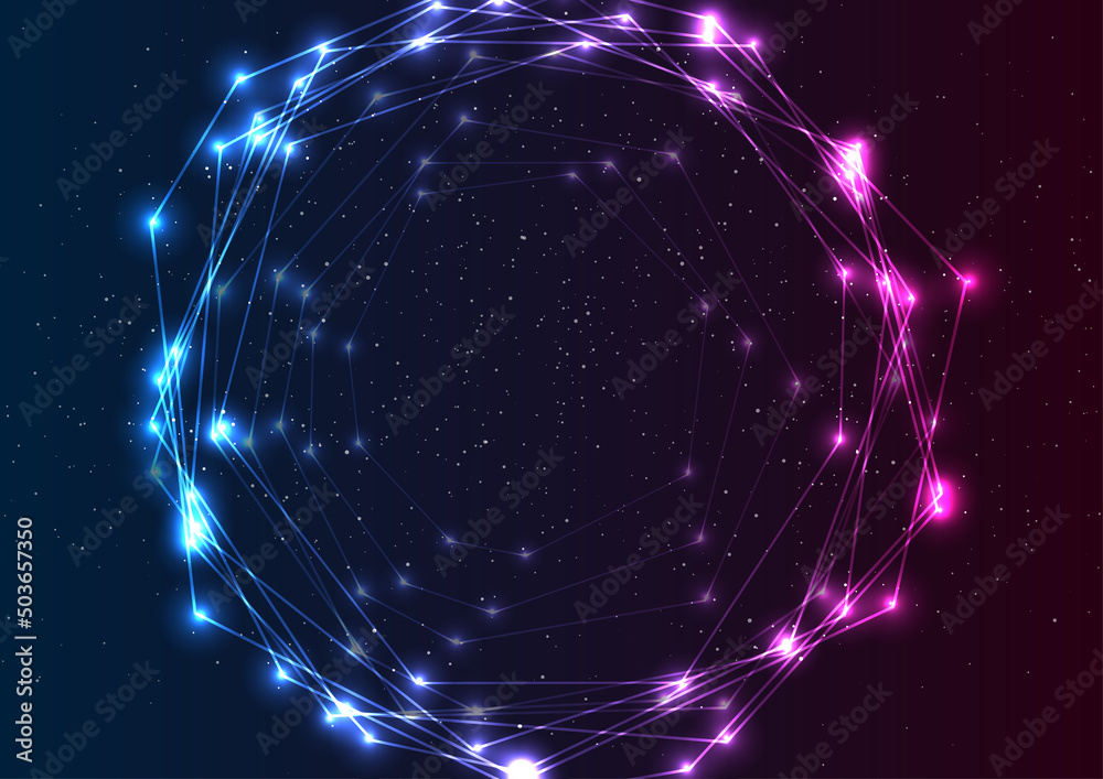 Blue purple neon circular connection lines tech abstract background. Vector design