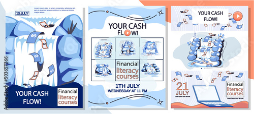 Cash flow, stable income website, advertising poster. Idea of income growth and development. Business investment, financial literacy courses and profit increase. Active and passive income concept