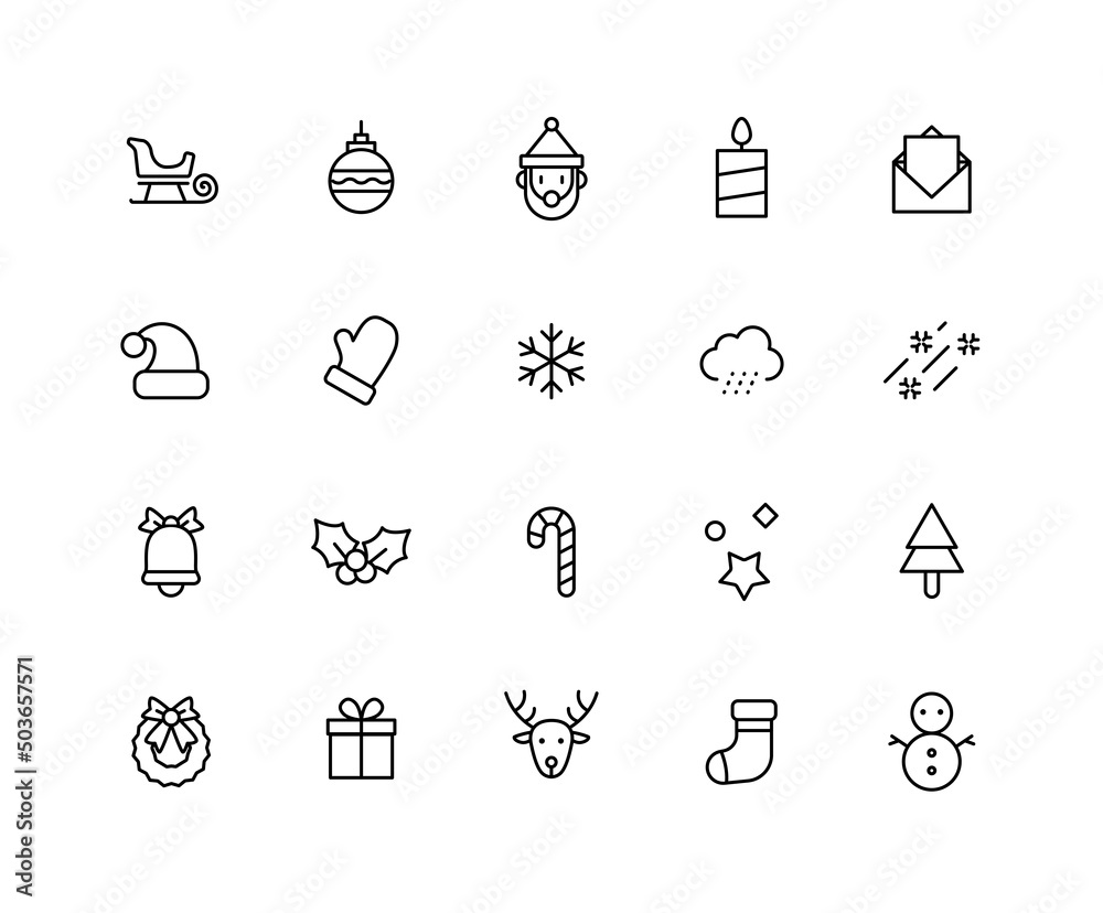Collection of Christmas linear icons. Set of Winter symbols drawn with thin contour lines. Vector illustration.