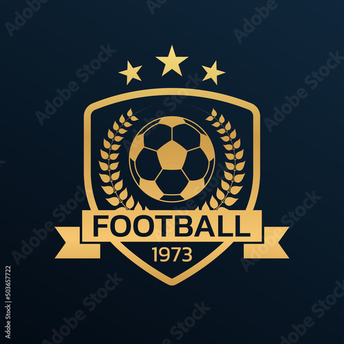 Football logo. Soccer club or team emblem, badge, icon design with a ball and laurel wreath and shield. Sport tournament, league, championship label. Vector illustration.