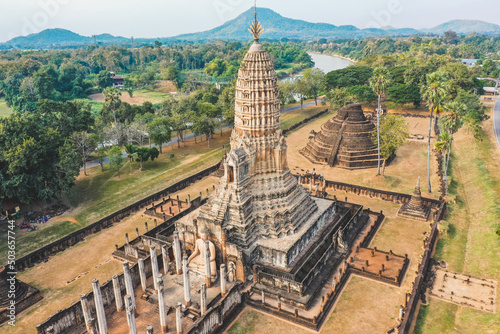 Aerial view of Wat Phra Sri Rattana Mahathat Rajaworaviharn temple and buddha in Si Satchanalai historical park, Thailand