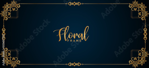 Classic golden floral frame border blue banner design