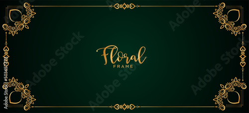 Abstract golden floral frame border dark green banner design