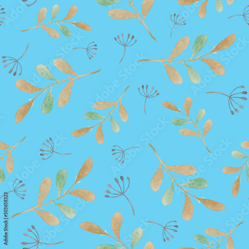 Seamless pattern with autumn leaves and dried flower seeds isolated on a blue background, painted in watercolor.