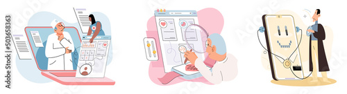 Online medical consultation and support metaphor. Online doctor. Healthcare services, Ask doctor. Tele medicine e-health service. Therapist videocalling phone screen. Diagnosis treatment of patients