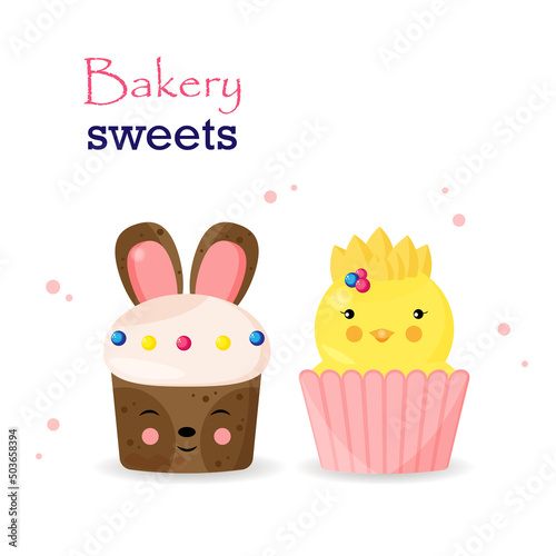 Funny cupcake bunny and yellow chick, bakery sweets 