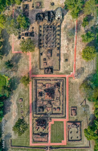 Aerial view of Wat Phrapai Luang temple and ruins in Sukhothai historical park, Thailand