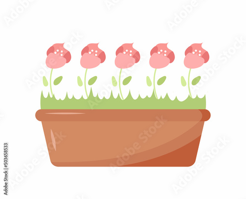 Flowers pot with roses. Flat vector illustration of flowers isolated on white background. Blossom plant. Great for banner, flower ad, stickers, coloring book, book illustration, for mobile app