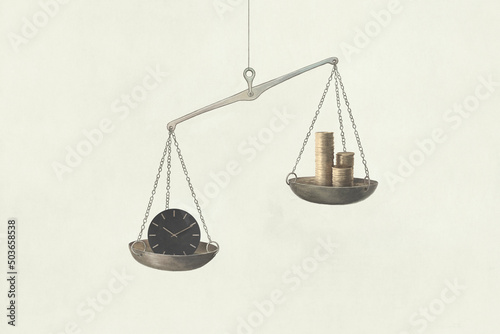 Illustration of inequality between time and money, business abstract concept photo