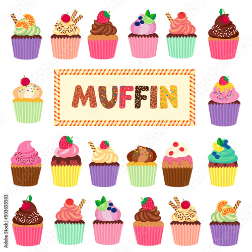 set of cupcakes on a transparent background. pastries with cream, muffins and cupcakes with chocolate berries. vector illustration, for advertising and pastry