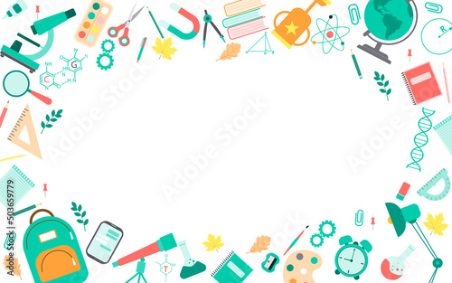 Frame for school supplies, stationery , tools, items. Horizontal banner template. Back to school concept for websites and promotional materials. Sale of leaflets, advertising. Vector illustration