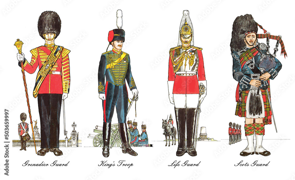Queen's Guards. Grenadier, Lifeguard, King's Troop, Scots Guard.