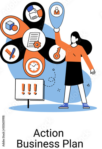 Action business plan, development strategies, foreseeing market risks. Company success secret, idea growing business achieve target metaphor, study production and sales market. Strategic biz planning