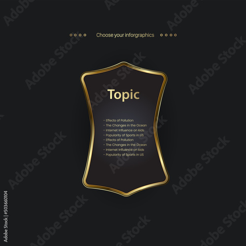 A gold buttons shape element template on black background, a modern golden buttons infographic option vector, illustration