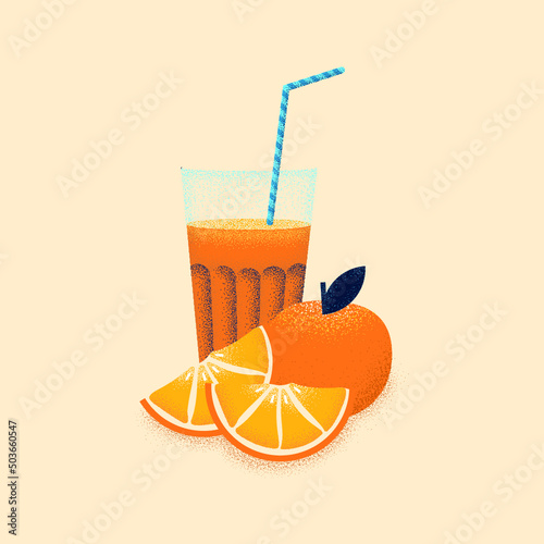 Glass of freshly squeezed orange juice and blue straw, orange and orange slice