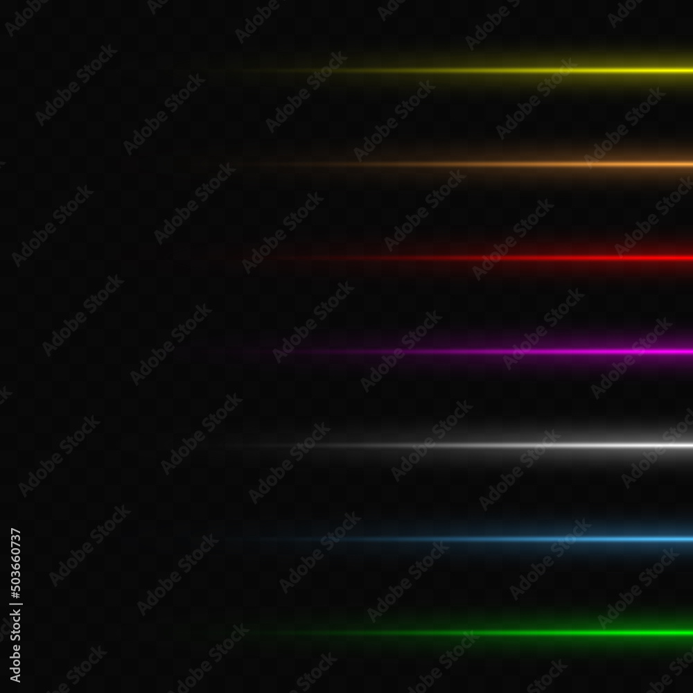 Laser neon multicolored beams, lines, glare on a transparent background. light show
