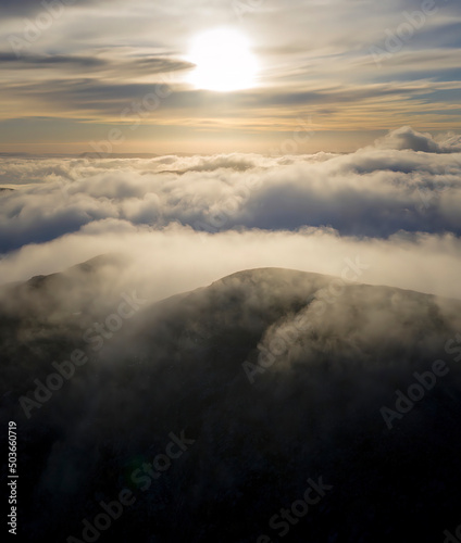 British weather sunrise aerial view over North Wales mountains