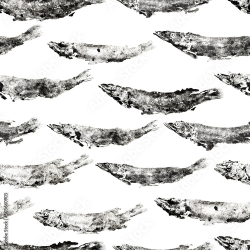 watercolor fish pike print seamless pattern black and white on white background