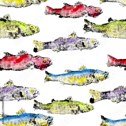 watercolor fish zander print seamless pattern colored bright on white background