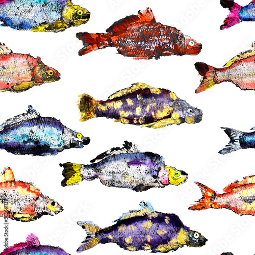 watercolor fish golden carp print seamless pattern colored bright on white background
