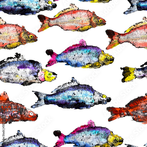 watercolor fish carp print seamless pattern colored bright on white background
