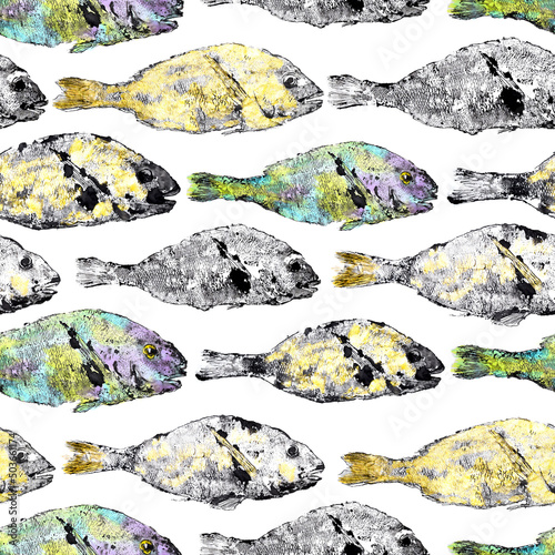watercolor golden dorado fish print seamless pattern colored bright on white background