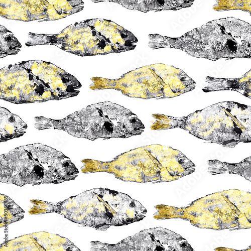 watercolor golden dorado fish print seamless pattern on white background