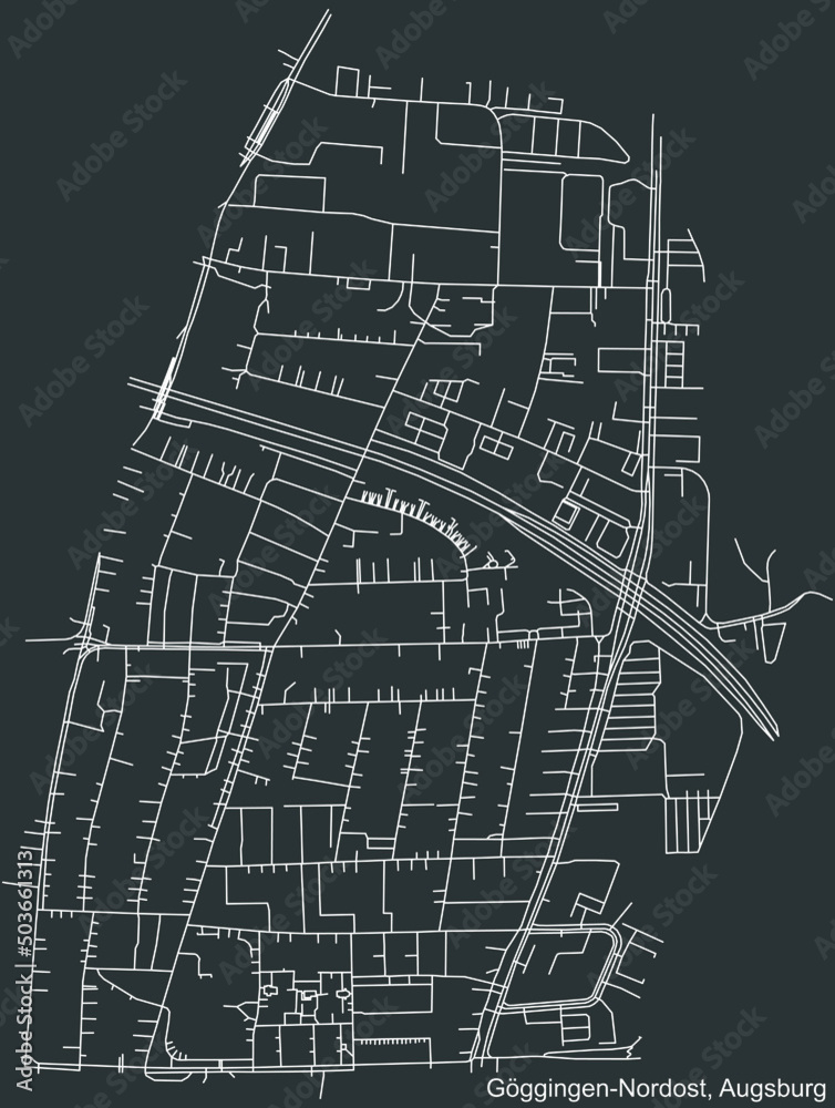 Detailed negative navigation white lines urban street roads map of the GÖGGINGEN-NORDOST DISTRICT of the German regional capital city of Augsburg, Germany on dark gray background