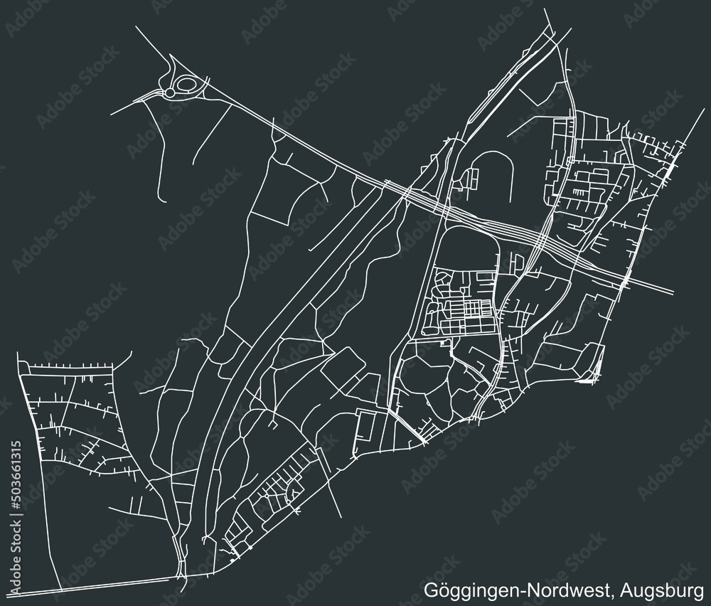 Detailed negative navigation white lines urban street roads map of the GÖGGINGEN-NORDWEST DISTRICT of the German regional capital city of Augsburg, Germany on dark gray background