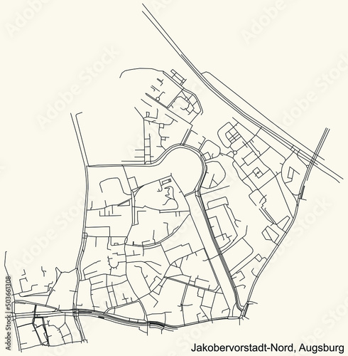 Detailed navigation black lines urban street roads map of the JAKOBERVORSTADT – NORD DISTRICT of the German regional capital city of Augsburg, Germany on vintage beige background
