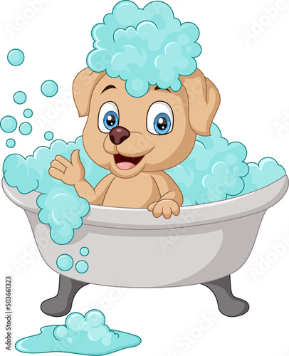 Cute dog cartoon having a bath