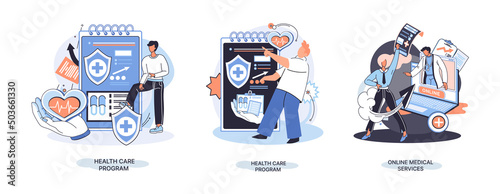 Mobile medicine mhealth online doctor, online medical services, health care program, talk to doctor from anywhere. Smartphone with medical application. Digital health and medical consultation metaphor