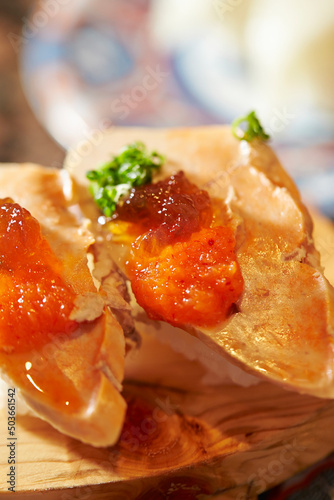 monkfish liver Sushi  on a cutting board