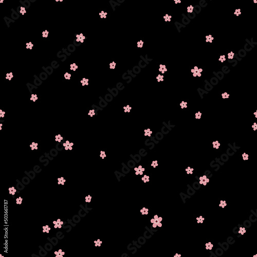 Seamless pattern with tiny pink flowers on black background. . Sakura  vector texture for print, textile, fabric, packaging.