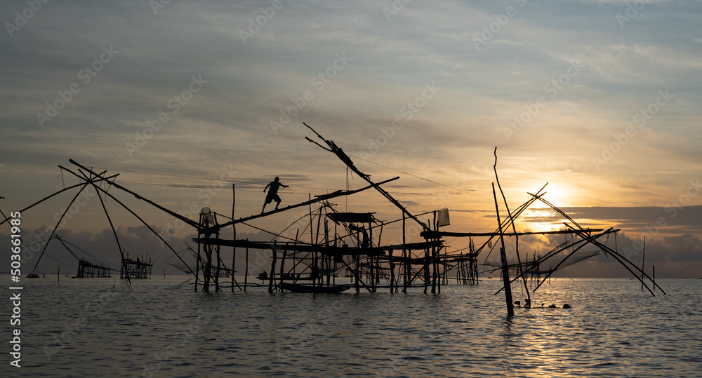 Yor Building, Local fishing with big net, at Thale noi, Phatthalung, Thailand