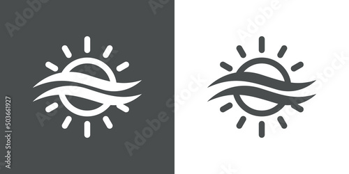 Sunrise logo. Icono con silueta de sol con olas con líneas en fondo gris y fondo blanco