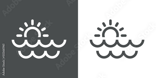 Sunrise logo. Icono con silueta de sol con olas con líneas en fondo gris y fondo blanco