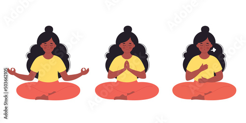 Black woman meditating in lotus pose. Healthy lifestyle, yoga, relax, breathing exercise. World yoga day. Hand drawn vector illustration